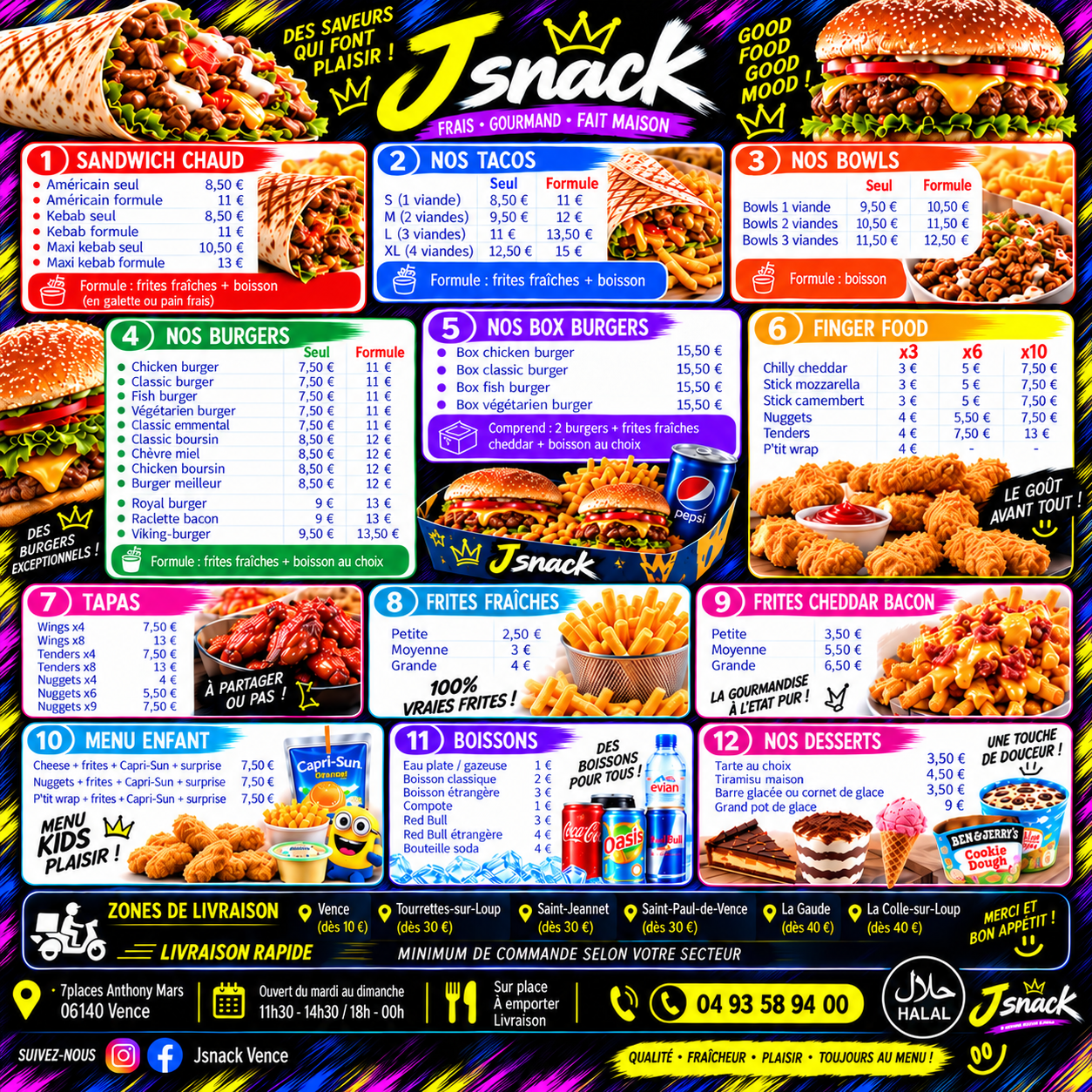 Menu complet J Snack avec le grand pot de glace à 9 euros